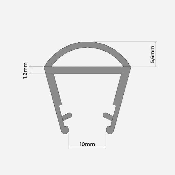 Junta H-Globo ángulo para vidrio de 10mm con medidas detalladas, ideal para sistemas SeeGlass.