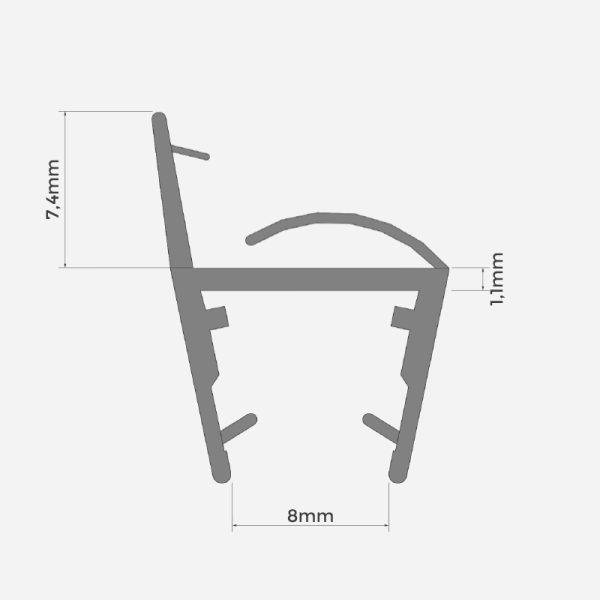 Junta H-Labio integrado de 8mm con medidas detalladas para sistemas SeeGlass.